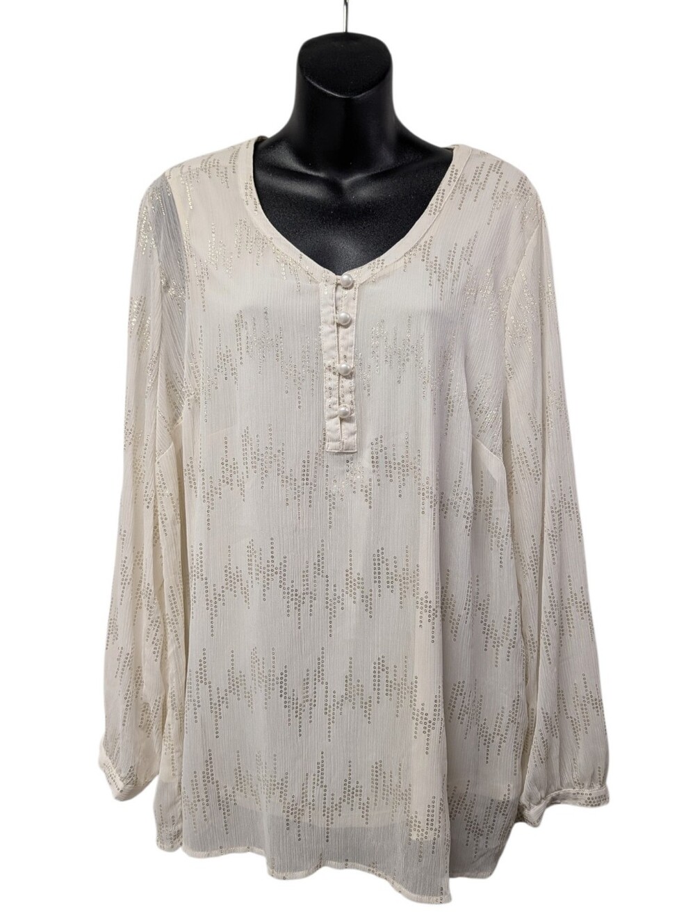 CJ Banks Ivory Silver Geometric Sequin Button V-Neck Lined Blouse 1X Plus